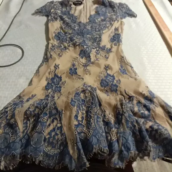 blue and tan lace dress ASOS DESIGN lace applique satin bias midi slip dress in brown and blue